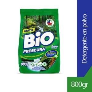 Características: Aroma Bosque Nativo: Fragancia fresca y natural que permanece en tu ropa. Limpieza Superior: Elimina suciedad y manchas difíciles. Ecoamigable: Empaque 100% reciclable. Uso Versátil: Compatible con lavadoras automáticas de carga frontal y superior. Modo de Uso: Usa la cantidad recomendada en el envase según el tipo de ropa y nivel de suciedad. Haz de cada lavado una experiencia de frescura natural con Bio Frescura Bosque Nativo 800 g.