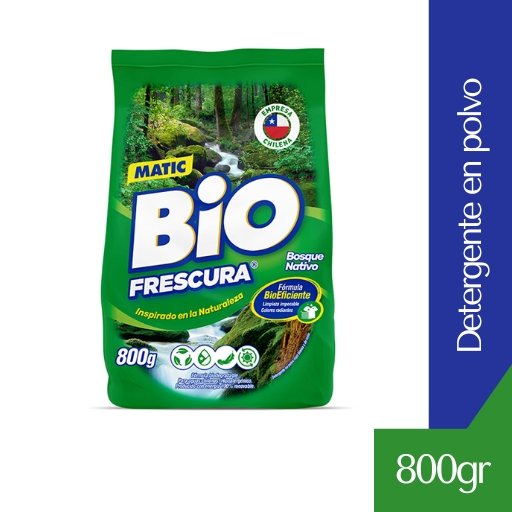 Características: Aroma Bosque Nativo: Fragancia fresca y natural que permanece en tu ropa. Limpieza Superior: Elimina suciedad y manchas difíciles. Ecoamigable: Empaque 100% reciclable. Uso Versátil: Compatible con lavadoras automáticas de carga frontal y superior. Modo de Uso: Usa la cantidad recomendada en el envase según el tipo de ropa y nivel de suciedad. Haz de cada lavado una experiencia de frescura natural con Bio Frescura Bosque Nativo 800 g.